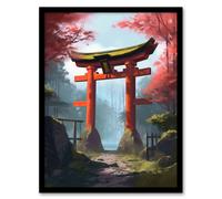 Artery8 Wall Art Print Torii Gate Leading to Shinto Shrine in Forest Painting Red Pink Green Blue Tranquil Sacred Grounds Landscape Art Framed Artery8 Multicolor W12" x H16"
