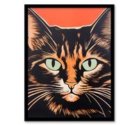 Artery8 Wall Art Print Tortoiseshell Cat Screen Risograph Artwork Spot Block Colour Duotone Orange Retro Riso Interior Design Art Framed Artery8 Black W12" x H16"