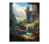 Artery8 Wall Art Print Tower over a Cascading Waterfall Conceptual Art Painting Enchanted Forest Mountain Landscape Poster in Blue | Size: W24" x H32" Artery8 Blue W24" x H32"