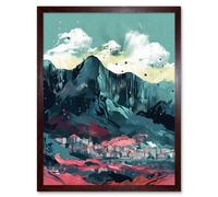 Artery8 Wall Art Print Town Below Tall Mountain Cliffs Coral & Teal Art Framed in Brown | Size: W12" x H16" Artery8 Brown W12" x H16"