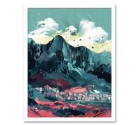 Artery8 Wall Art Print Town Below Tall Mountain Cliffs Coral & Teal Art Framed in White | Size: W12" x H16" Artery8 White W12" x H16"