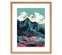 Artery8 Wall Art Print Town Below Tall Mountain Cliffs Coral & Teal Artwork Framed 9X7 Inch in Beige | Size: W7" x H9" Artery8 Beige W7" x H9"