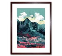 Artery8 Wall Art Print Town Below Tall Mountain Cliffs Coral & Teal Artwork Framed 9X7 Inch in Brown | Size: W7" x H9" Artery8 Brown W7" x H9"