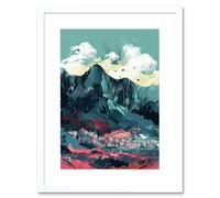 Artery8 Wall Art Print Town Below Tall Mountain Cliffs Coral & Teal Artwork Framed 9X7 Inch in White | Size: W7" x H9" Artery8 White W7" x H9"