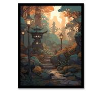 Artery8 Wall Art Print Traditional Japan Garden Painting Path with Stone Lanterns Orange Green Pastel Colour Autumn Sunset Landscape Art Framed Artery8 Brown A4