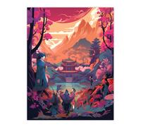 Artery8 Wall Art Print Traditional Kabuki Theatre Performance Scene Painting Vivid Pink Purple Orange Blue Temple in Dramatic Japan Mountain Lake Artery8 Orange W12" x H16"
