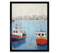 Artery8 Wall Art Print Trailer Trawler Boats in Harbour Oil Painting Red Blue Abstract Coastal Town Bathroom Artwork Art Framed | Size: W12" x H16" Artery8 Black W12" x H16"