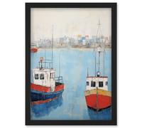 Artery8 Trailer Trawler Boats in Harbour Oil Painting Red Blue Abstract Coastal Town Bathroom Artwork Framed Wall Art Print A4