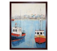 Artery8 Wall Art Print Trailer Trawler Boats in Harbour Oil Painting Red Blue Abstract Coastal Town Bathroom Artwork Art Framed | Size: W12" x H16" Artery8 Brown W12" x H16"