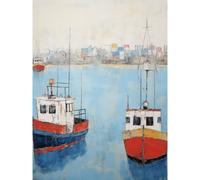 Artery8 Wall Art Print Trailer Trawler Boats in Harbour Oil Painting Red Blue Abstract Coastal Town Bathroom Artwork Poster | Size: W12" x H16" Artery8 Blue W12" x H16"