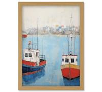 Wall Art Print Trailer Trawler Boats in Harbour Oil Painting Red Blue Abstract Coastal Town Bathroom Artwork Framed A4 Artery8 Light Oak A4