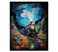 Artery8 Wall Art Print Train Ride to Imagination Land Conceptual Art Oil Painting Dream Journey Railroad Art Framed in Black | Size: W12" x H16" Artery8 Black W12" x H16"
