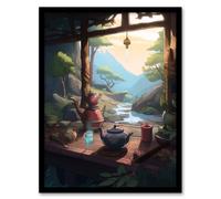 Artery8 Wall Art Print Tranquil Tea Ceremony in Nature Painting Japan Hospitality Traditional Customs at Sunrise in Forest River Landscape Art Framed Artery8 Multicolor A4