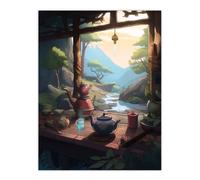 Artery8 Wall Art Print Tranquil Tea Ceremony in Nature Painting Japan Hospitality Traditional Customs at Sunrise in Forest River Landscape Poster Artery8 Multicolor W12" x H16"