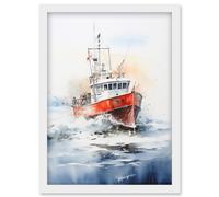 Wall Art Print Trawler Fishing Boat Watercolour Painting Red Blue Rough Sea Fishermen Waves Seascape Artwork Framed A4 Artery8 White A4
