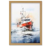 Wall Art Print Trawler Fishing Boat Watercolour Painting Red Blue Rough Sea Fishermen Waves Seascape Artwork Framed A4 Artery8 Light Oak A4