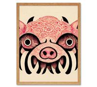 Artery8 Wall Art Print Tribal Pattern Pig Hog Mask Wild Boar Art Framed in Light Oak | Size: W12" x H16" Artery8 Light Oak W12" x H16"