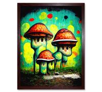 Artery8 Wall Art Print Trippy Red Cap Mushroom Houses Street Art Graffiti Mural Art Framed in Brown | Size: W12" x H16" Artery8 Brown W12" x H16"
