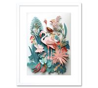 Artery8 Wall Art Print Tropical Plants & Birds Multi-Dimensional Paper Kirigami Artwork Framed 9X7 Inch in White | Size: W7" x H9" Artery8 White W7" x H9"