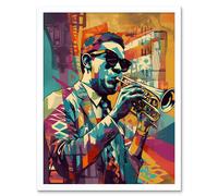 Artery8 Wall Art Print Trumpet Player Jazz Musician with Sunglasses Modern Colour Linocut Art Framed in White | Size: W12" x H16" Artery8 White W12" x H16"