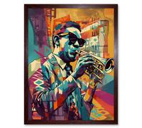 Artery8 Wall Art Print Trumpet Player Jazz Musician with Sunglasses Modern Colour Linocut Art Framed in Brown | Size: W12" x H16" Artery8 Brown W12" x H16"