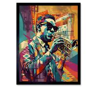 Artery8 Wall Art Print Trumpet Player Jazz Musician with Sunglasses Modern Colour Linocut Art Framed in Black | Size: W12" x H16" Artery8 Black W12" x H16"