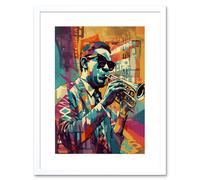Artery8 Wall Art Print Trumpet Player Jazz Musician with Sunglasses Modern Colour Linocut Artwork Framed 9X7 Inch in White | Size: W7" x H9" Artery8 White W7" x H9"