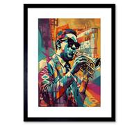 Artery8 Wall Art Print Trumpet Player Jazz Musician With Sunglasses Modern Colour Linocut Artwork Framed 9X7 Inch