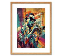 Artery8 Wall Art Print Trumpet Player Jazz Musician with Sunglasses Modern Colour Linocut Artwork Framed 9X7 Inch in Beige | Size: W7" x H9" Artery8 Beige W7" x H9"