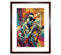 Artery8 Wall Art Print Trumpet Player Jazz Musician with Sunglasses Modern Colour Linocut Artwork Framed 9X7 Inch in Brown | Size: W7" x H9" Artery8 Brown W7" x H9"