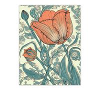 Wall Art Print Tulip Flower Pattern Detail William Morris Style Painting Teal Blue Coral Pink Spring Blooms Nature Colourful Bright Floral Modern Artw Artery8 Multi W24 inch x H32 inch