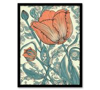 Artery8 Tulip Flower Pattern Detail William Morris Style Painting Teal Blue Coral Pink Spring Blooms Nature Colourful Bright Floral Modern Artwork Artwork Framed Wall Art Print A4