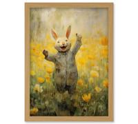 Artery8 Tulips and Rabbit Watercolour Fun Kids Baby Nursery Artwork Framed Wall Art Print A4