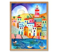 Artery8 Wall Art Print Tunisia Seaside Town Folk Art Framed in Light Oak | Size: W12" x H16" Artery8 Light Oak W12" x H16"