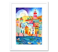 Artery8 Wall Art Print Tunisia Seaside Town Folk Artwork Framed 9X7 Inch in White | Size: W7" x H9" Artery8 White W7" x H9"
