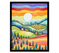 Artery8 Wall Art Print Tuscan Rolling Hills At Sunrise Abstract Folk Art Framed in Black | Size: W12" x H16" Artery8 Black W12" x H16"