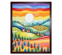 Artery8 Wall Art Print Tuscan Rolling Hills At Sunrise Abstract Folk Art Framed in Brown | Size: W12" x H16" Artery8 Brown W12" x H16"