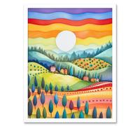 Artery8 Wall Art Print Tuscan Rolling Hills At Sunrise Abstract Folk Art Framed in White | Size: W12" x H16" Artery8 White W12" x H16"