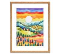 Artery8 Wall Art Print Tuscan Rolling Hills At Sunrise Abstract Folk Artwork Framed 9X7 Inch in Beige | Size: W7" x H9" Artery8 Beige W7" x H9"