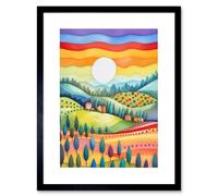 Artery8 Wall Art Print Tuscan Rolling Hills At Sunrise Abstract Folk Artwork Framed 9X7 Inch in Black | Size: W7" x H9" Artery8 Black W7" x H9"