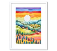 Artery8 Wall Art Print Tuscan Rolling Hills At Sunrise Abstract Folk Artwork Framed 9X7 Inch in White | Size: W7" x H9" Artery8 White W7" x H9"