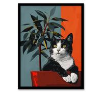 Artery8 Wall Art Print Tuxedo Cat Portrait Sitting in Plant Pot Art Framed Poster in Black | Size: W12" x H16" Artery8 Black W12" x H16"