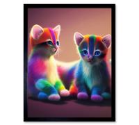 Artery8 Wall Art Print Two Cute Vibrant Rainbow Colour Fur Kittens Blue Eyes Art Framed in Black | Size: W12" x H16" Artery8 Black W12" x H16"