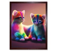 Artery8 Wall Art Print Two Cute Vibrant Rainbow Colour Fur Kittens Blue Eyes Art Framed in Brown | Size: W12" x H16" Artery8 Brown W12" x H16"