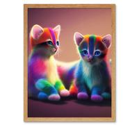 Artery8 Wall Art Print Two Cute Vibrant Rainbow Colour Fur Kittens Blue Eyes Art Framed in Light Oak | Size: W12" x H16" Artery8 Light Oak W12" x H16"