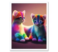Artery8 Wall Art Print Two Cute Vibrant Rainbow Colour Fur Kittens Blue Eyes Art Framed in White | Size: W12" x H16" Artery8 White W12" x H16"