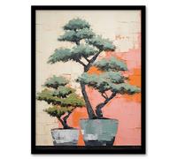 Artery8 Wall Art Print Two Japanese Bonsai Tree Plant Pots Thick Palette Knife Oil Painting Artwork Framed in Pink | Size: A4 Artery8 Pink A4