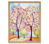 Artery8 Wall Art Print Two Trees Blooming In Spring Folk Art Watercolour Painting Art Framed in Light Oak | Size: W12" x H16" Artery8 Light Oak W12" x H16"