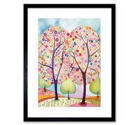 Artery8 Wall Art Print Two Trees Blooming In Spring Folk Art Watercolour Painting Artwork Framed 9X7 Inch