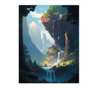 Wall Art Print Under a Cascading Waterfall Concept Art Painting Blue Green Orange Hidden Kingdom in Dreamy Cliff Landscape Poster Artery8 Blue W24 inch x H32 inch